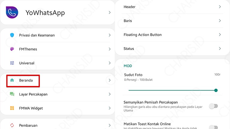 pengaturan beranda whatsapp mod
